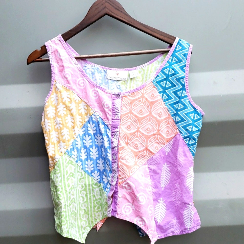 Vintage Sacred Threads Patchwork Pastel Batik Boho Button Top